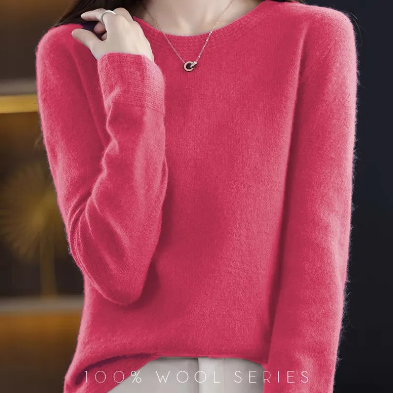 

Autumn Winter Women Sweater O-Neck Long Sleeve 100% Merino Wool Hollow Solid Pullovers Cashmere Knitwear Korean Popular Clothes