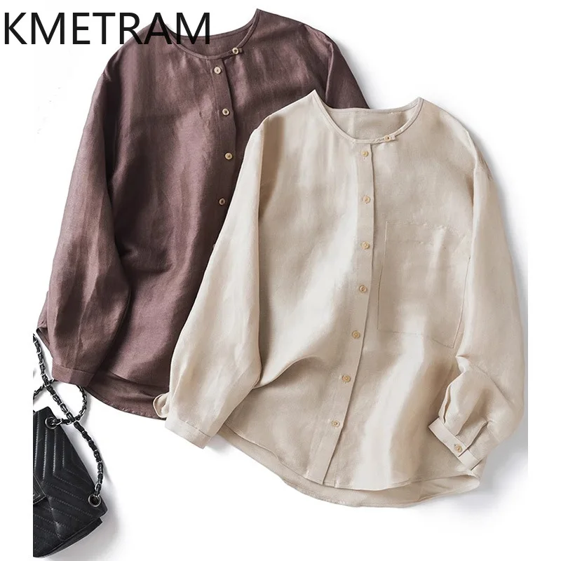 

KMETRAM льняная блузка из шелкового шелка, женские однотонные роскошные топы для женской одежды, свободные рубашки высокого качества, женские летние топы 2023 г.