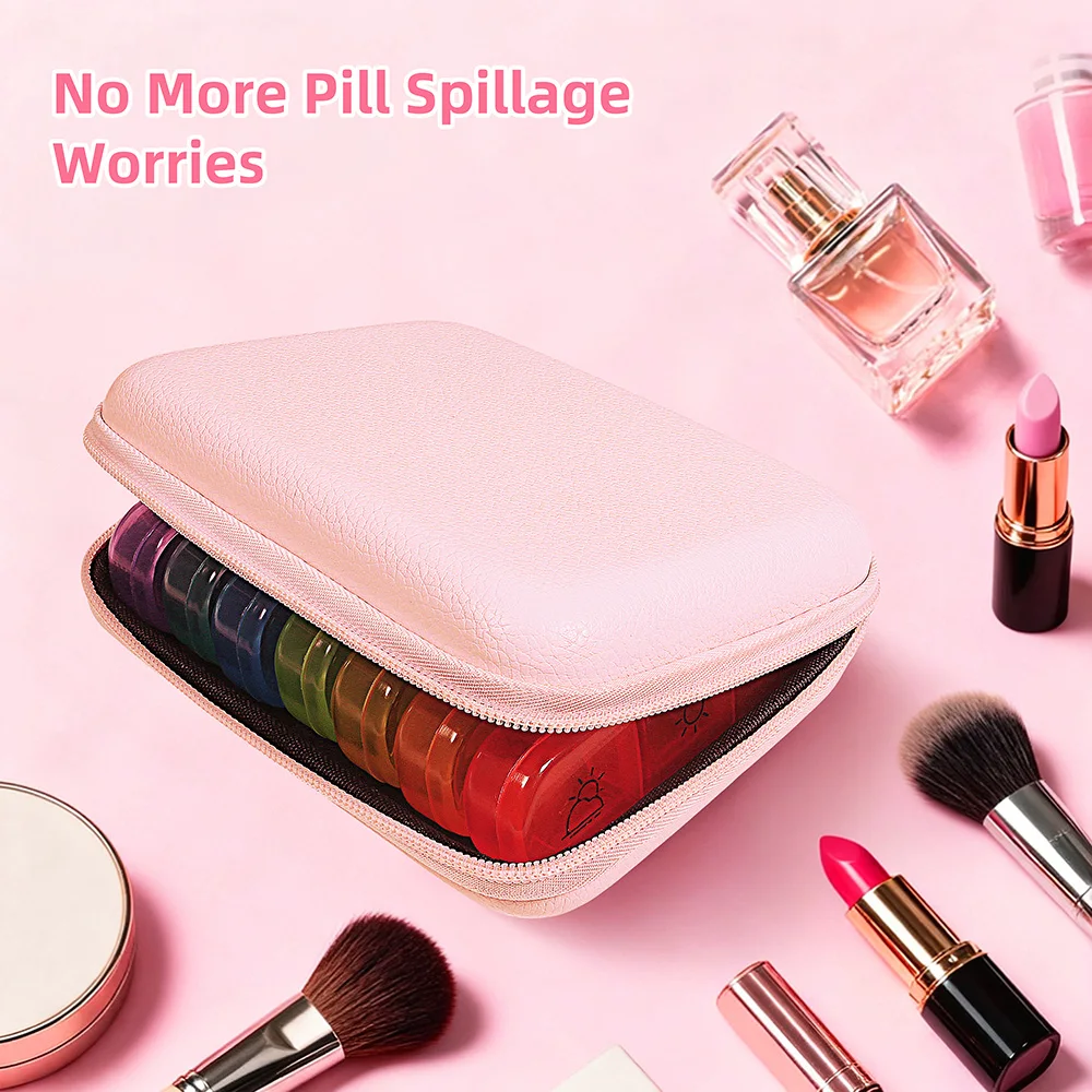 21 Compartments Pill Organizer Moisture-Proof Pill Box for 7 Days a Week Leather Bag Storage Box Vitamin Medicine Fish Oil