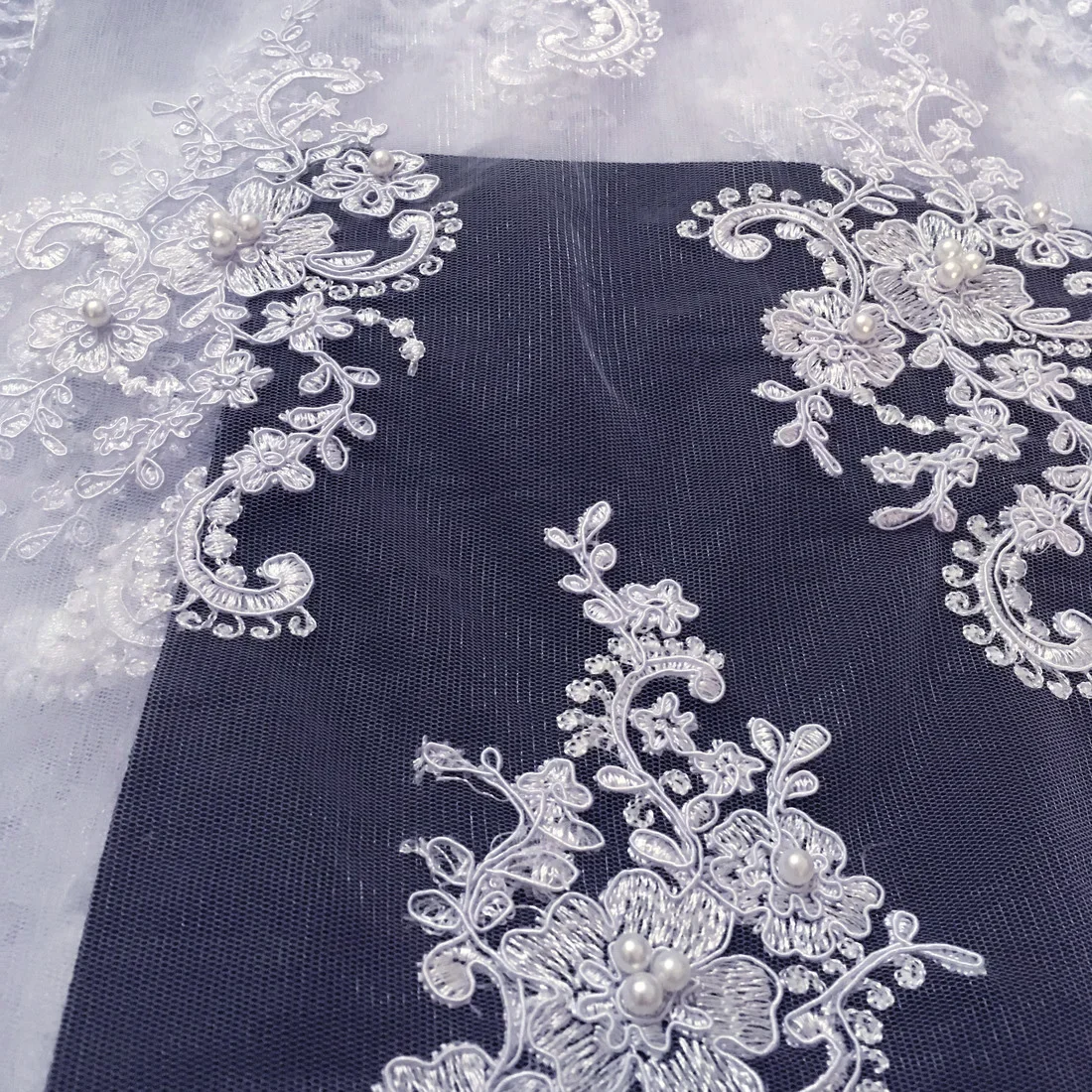 Bridal french lace fabric beaded african tulle lace fabric 1 yard per lot net lace fabric for wedding dress white SW006