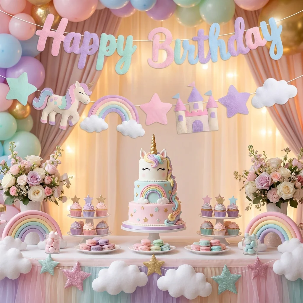 Regenbogen-Einhorn-Party Filzbanner Bunte Stern-Prinzessin-Schloss-Dekorationen Alles Gute zum Geburtstag Magisches Pony Mädchen Babyparty-Deko – Detail 3