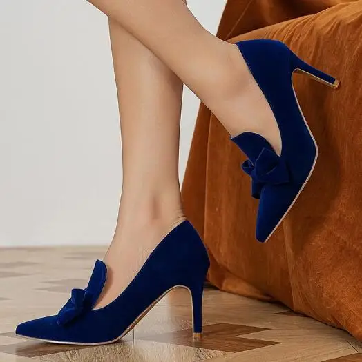 Royal Blue Velvet Butterfly Knot Shallow Pointed Toe Slip On Thin Heels Pumps Women Banquet Dress Shoes Drop Shipping Spring