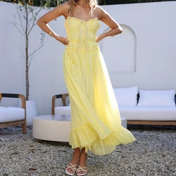 Frilled Strappy Ruched Waist Tie Front Tiered Maxi Dress Women Flowy Long Dress Summer Cottagecore Vacation Resort Wear