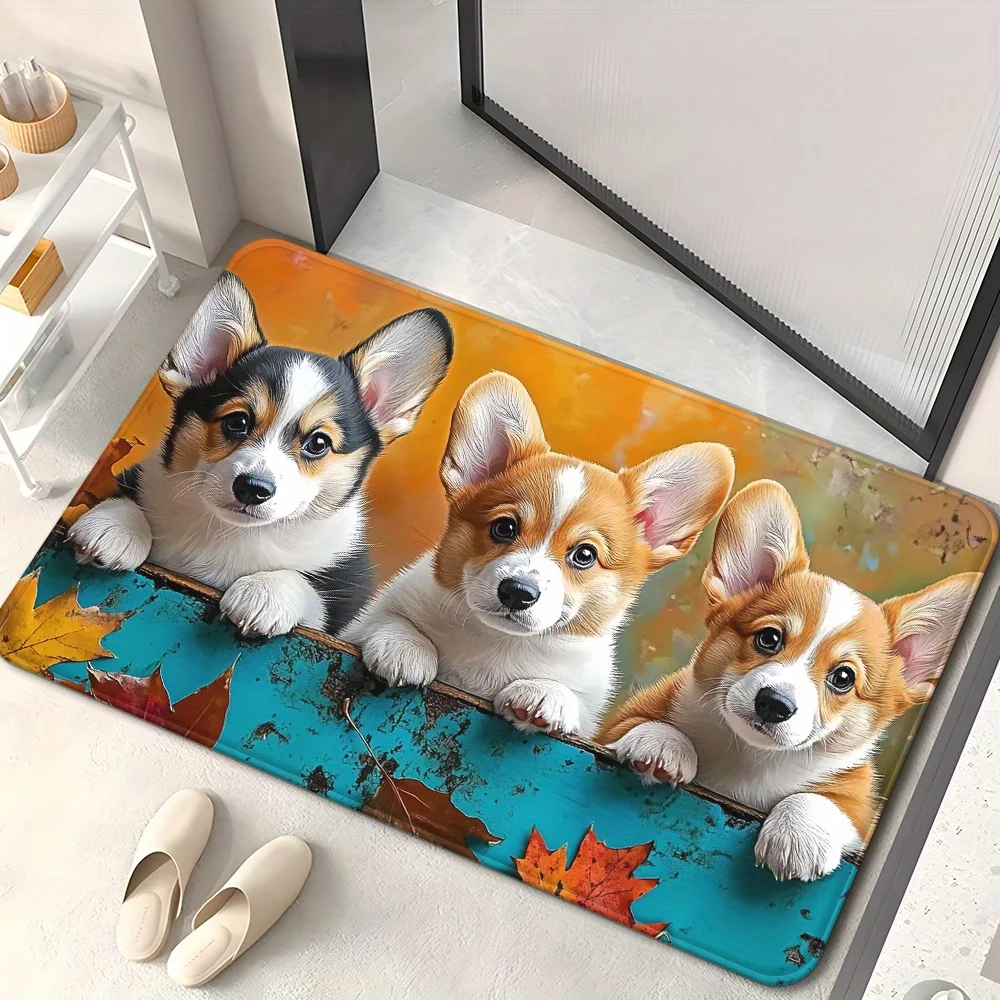 Cute Corgi Puppies & Autumn Leaves Round Rug, Playful Dog Theme Floor Mat,Non-Slip Washable Circle Carpet for Bedroom & Entrance