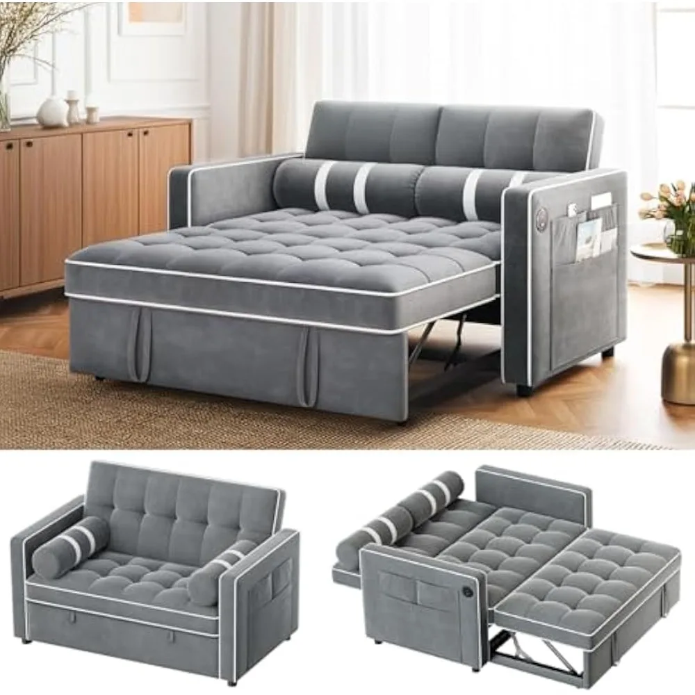 3 in 1 Convertible Sleeper Sofa Bed, Couches for Living Room with Side Pocket,Adjustable Backrest,Velvet Fabric,Pull Out Couch