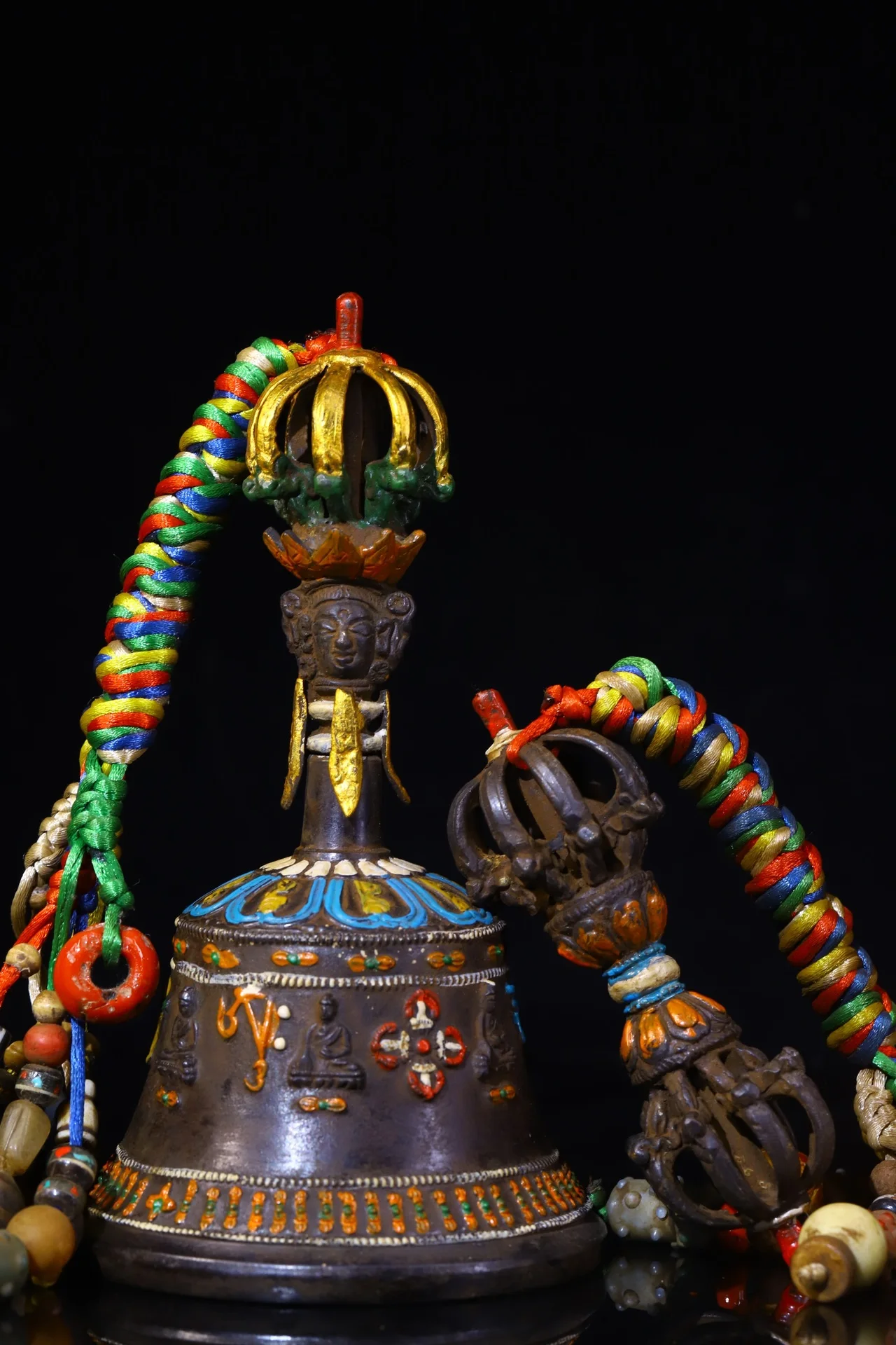 

8"Tibetan Temple Collection Old Bronze Painted Old Rattle Buddha Statue Bell Vajra pendant set magic weapon Town house Exorcism