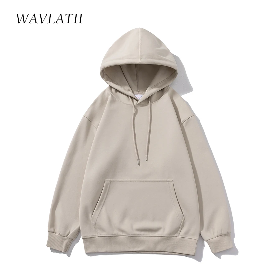 WAVLATII Women New Oversized Streetwear Hoodies Female Khaki White Solid Soft Cotton Casual Sporty Hooded Tops Clothes WH2276