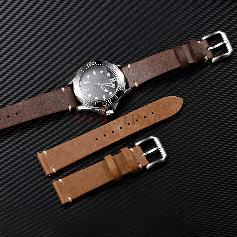 20mm 22mm 송아지 가죽 시계 밴드 오메가용 세이코 스마트워치용 스티칭 시계 밴드 소가죽 스트랩 다크 브라운 시계 액세서리