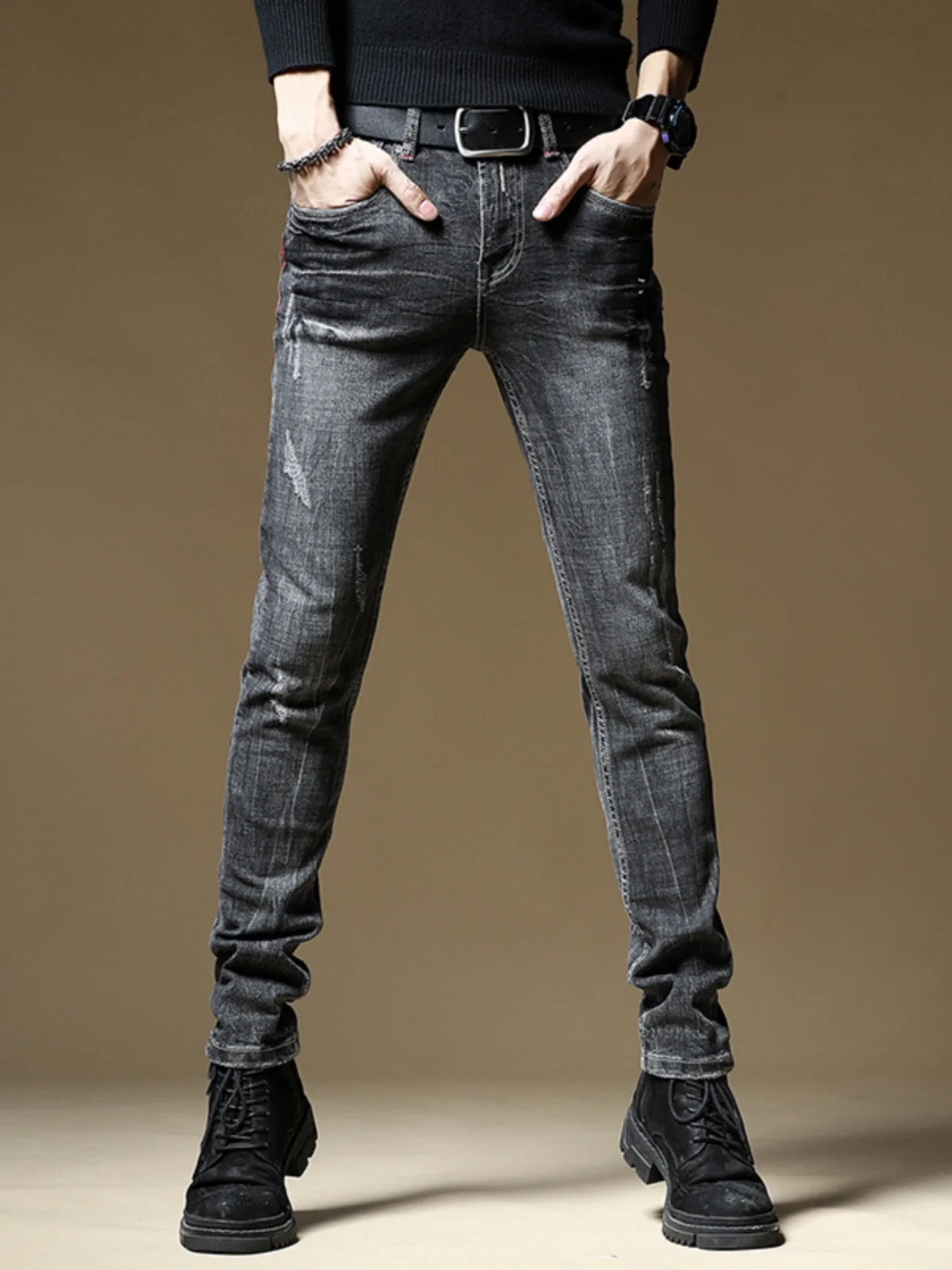 

Fall New Sle Men's Trendy Jeans Bla ey Scratched Slim Fit Elastic Casual Long Pants Youth Wear Resistant Wear