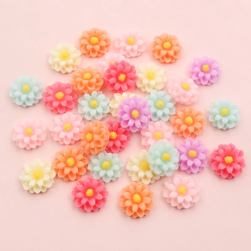 New Fashion 40pcs 10mm 12mm Mix Colors Flat back Resin Flower Cabochons Cameo Dome DIY Jewelry Making Accessories Findings