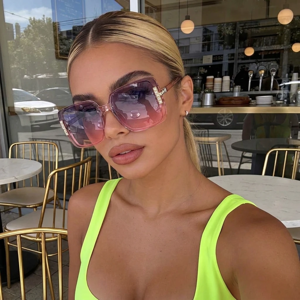 Minimalist Oversized Square Sunglasses, Rhinestone Accent, Uv400 Protection, Face Slimming Sunglasses 6085