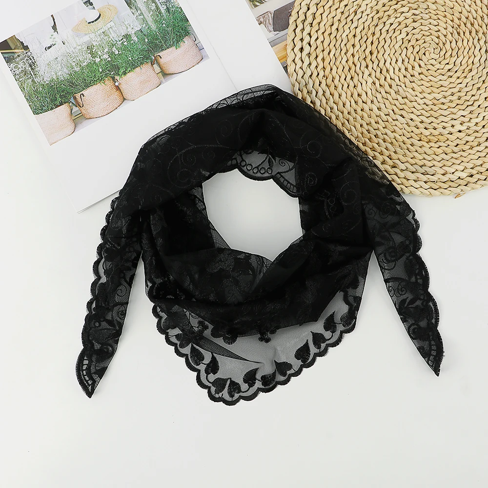 2024 bestickte Spitze Dreieck Schal Gebet Schleier Kirche Hijab Handtuch Frauen Schleier solide Blumen Dreieck Schal Stirnband Hijabs – Detail 6