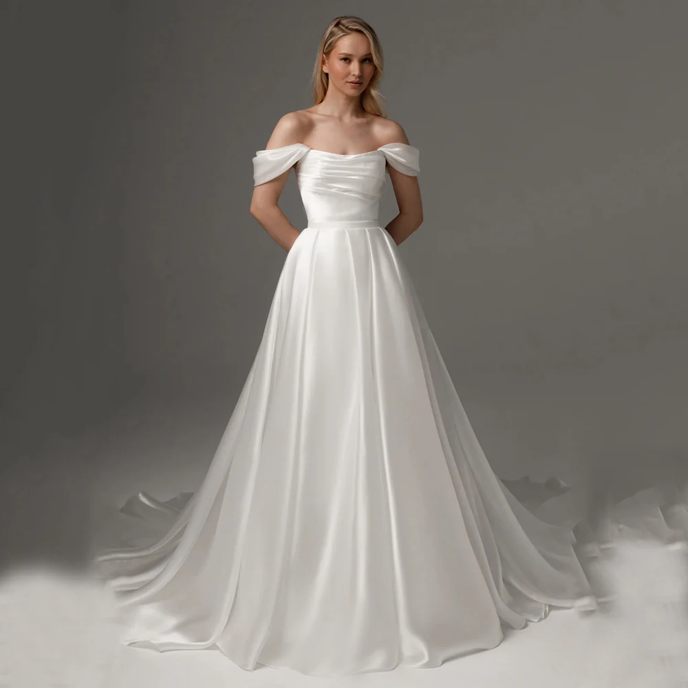 

Satin Elegant Wedding Dresses With Detachable Train Off Shoulder A-Line Customized Corset Bridal Grown 2025 Rode De Morrie