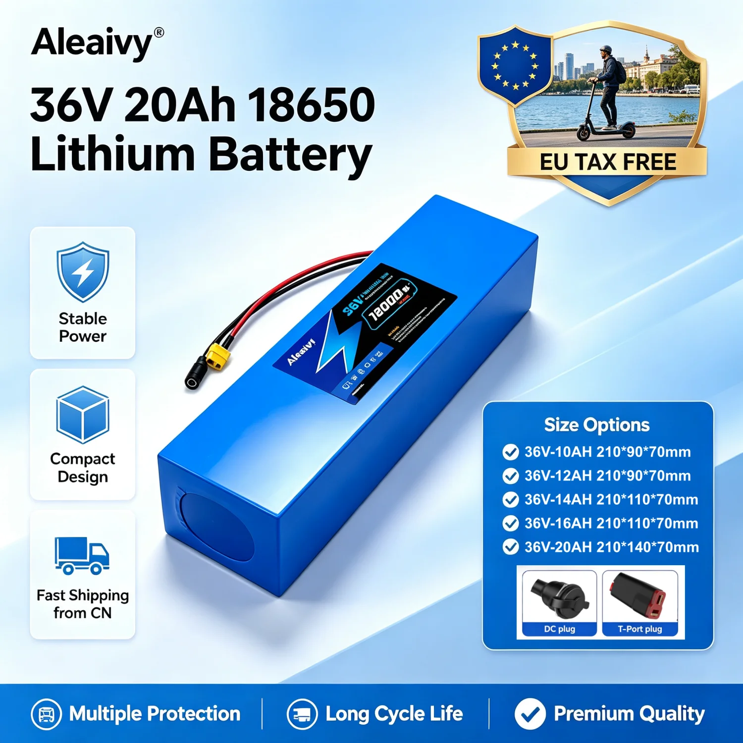 Aleaivy 36V High Power Lithium Battery Pack 10Ah 14Ah 16Ah 20Ah 10S4P-10S6P for Electric Motorcycle Scooter 250W-1500W with BMS