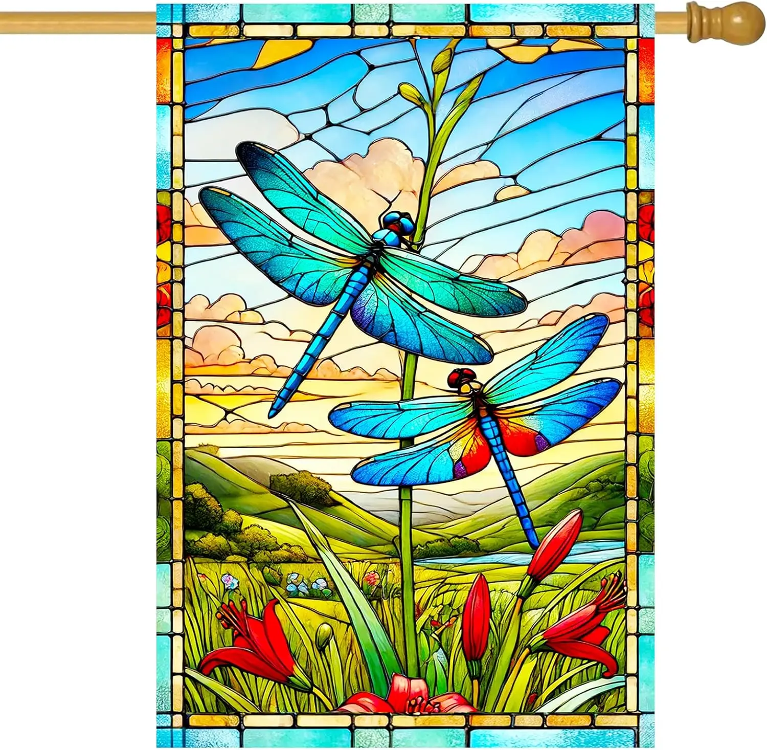 BlissYard Dragonfly Welcome House Flag 28 x 40 Inch, Stained Glass Floral Outdoor Decor for Front Yard Porch Lawn, Double Si AAS