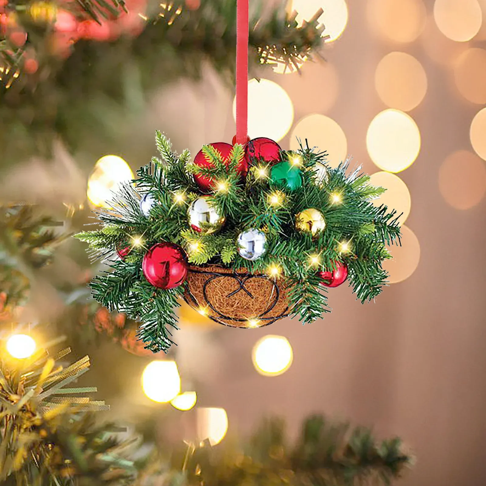 Christmas Hangings Basket Pendant Wood Artificial Garland Pre-lit Ornaments Christmas Decoration 2024 New Year Home Decor Gifts