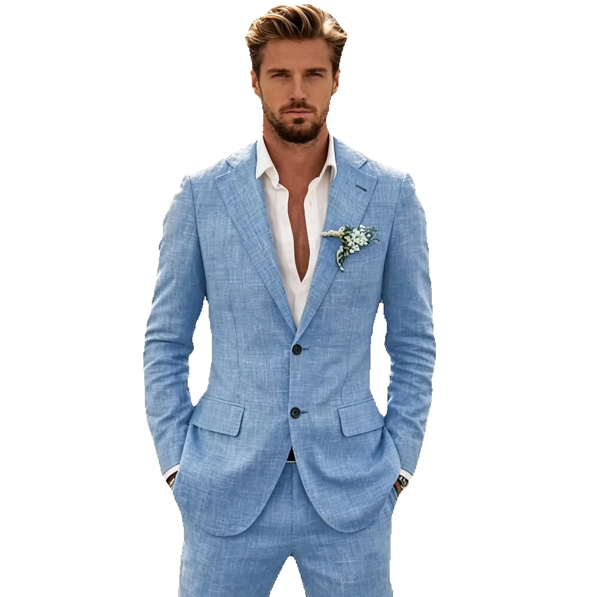 

2 Piece Blue Linen Summer Men Suits for Wedding Groom Tuxedos Casual Beach Man Suit Set Jacket with Pants Outfits Men Clothes