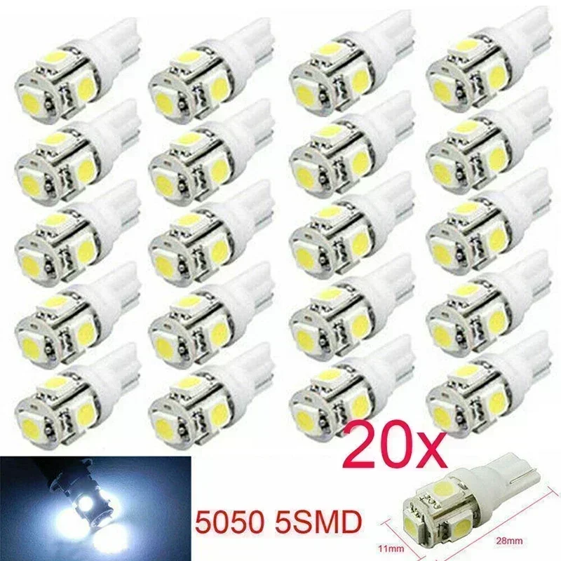 

20 PCS Car LED Bulb T10 W5W 194 LED Signal Light 12V 5050 6000K White Auto Interior Dome Reading Maps Side Wedge Trunk Lamps