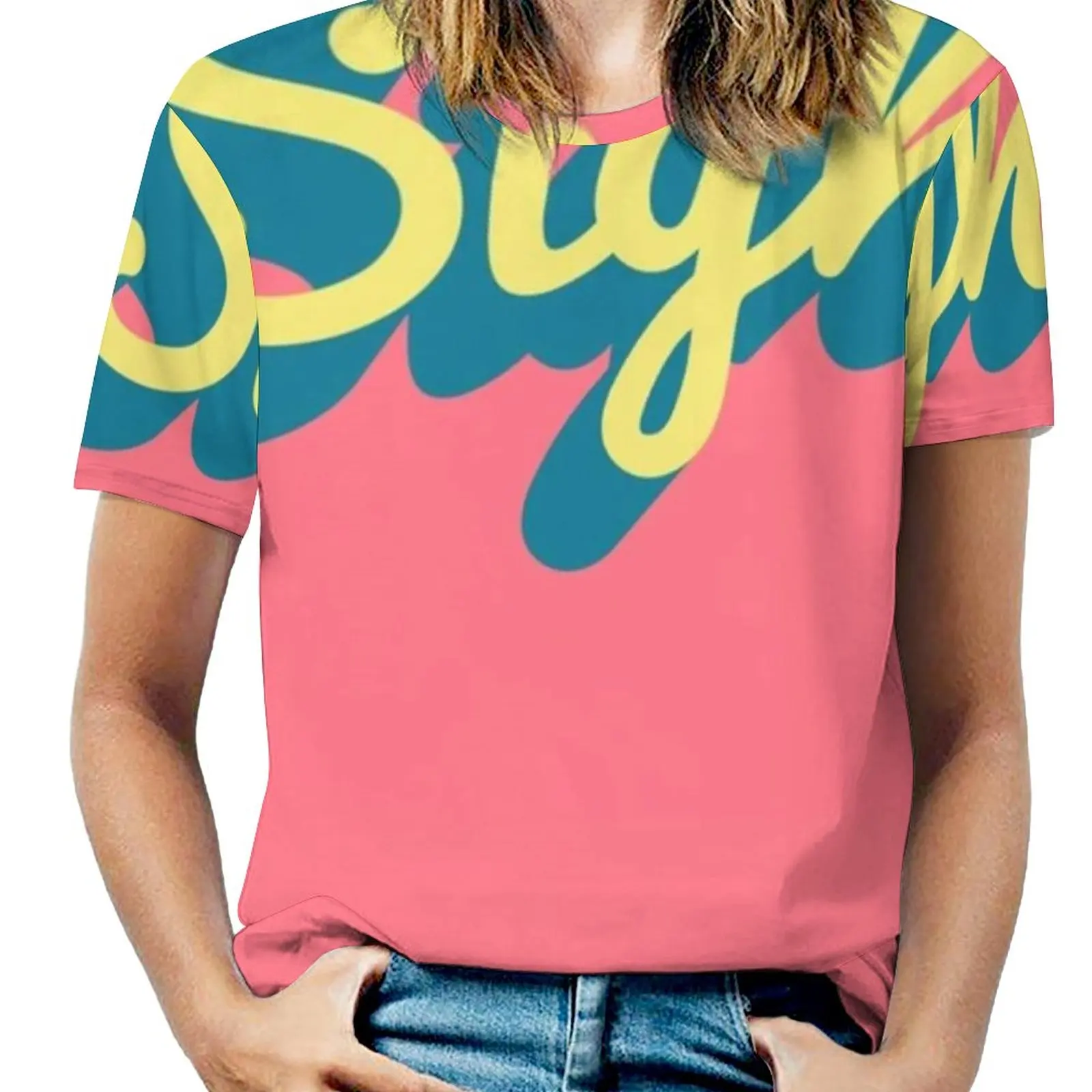 

Sigh Woman'S T-Shirt Spring And Summer Printed T Shirts Crew Neck Pullover Top Vector Type Typography Word Sigh Lettering Pink