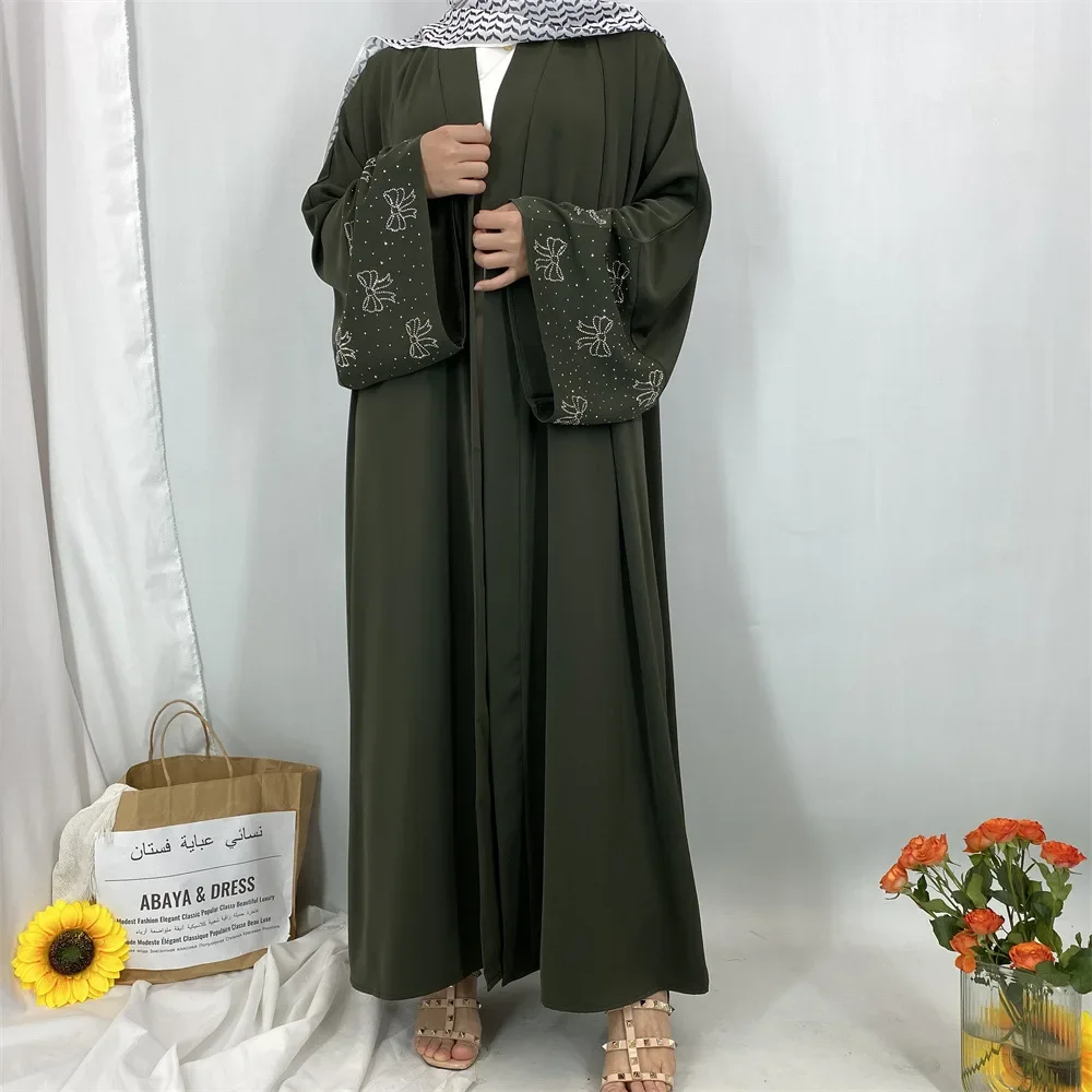 Robe Luxus Heißer Diamant Muslimischen Frauen Lange Lose Kleid Abaya Bogen Robe Lange ärmeln Strickjacke Kleid Einfarbig