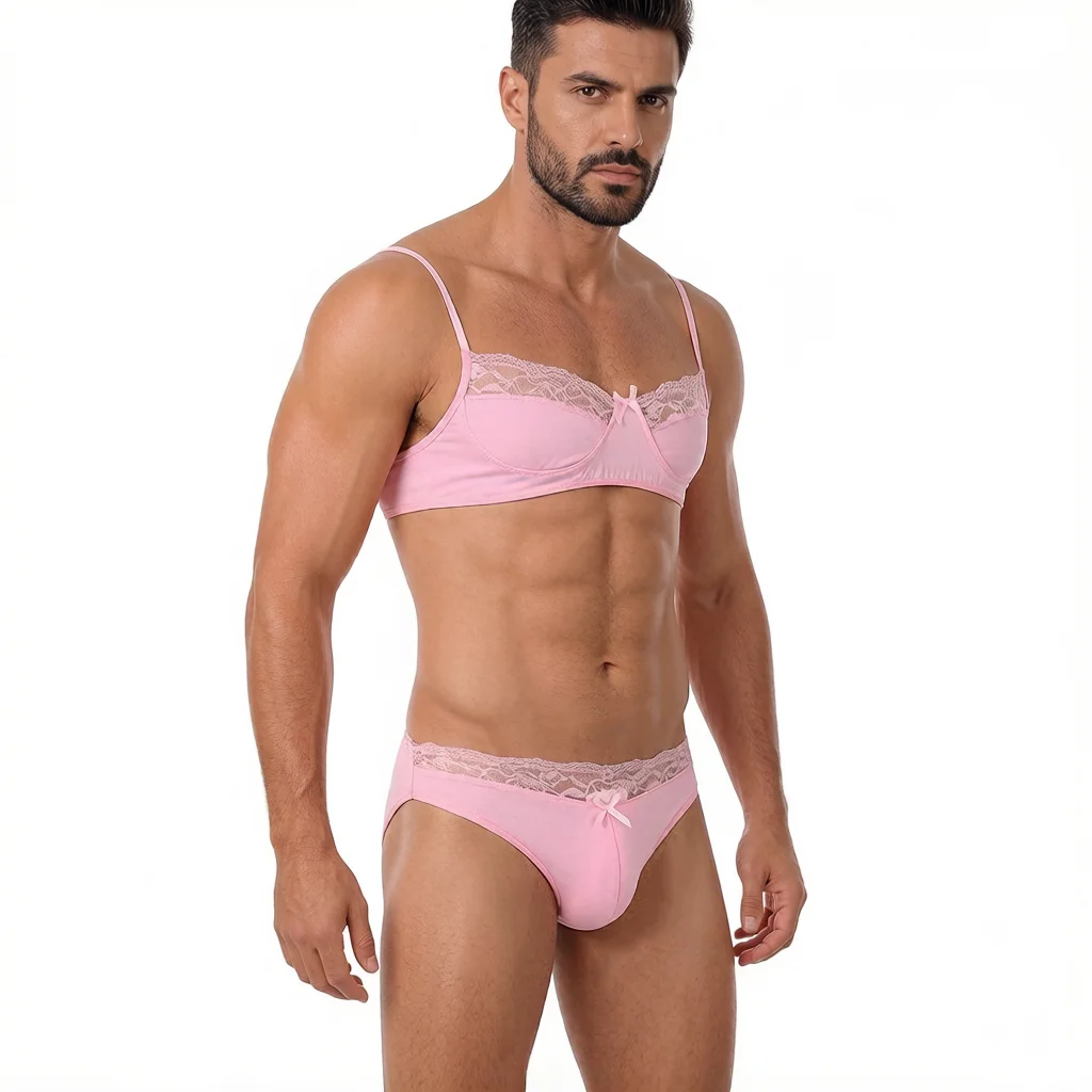 

Mens Lace Lingerie Set Crossdresser Underpants Spaghetti Strap Bra with Briefs See-Through Erotic Night Underwear