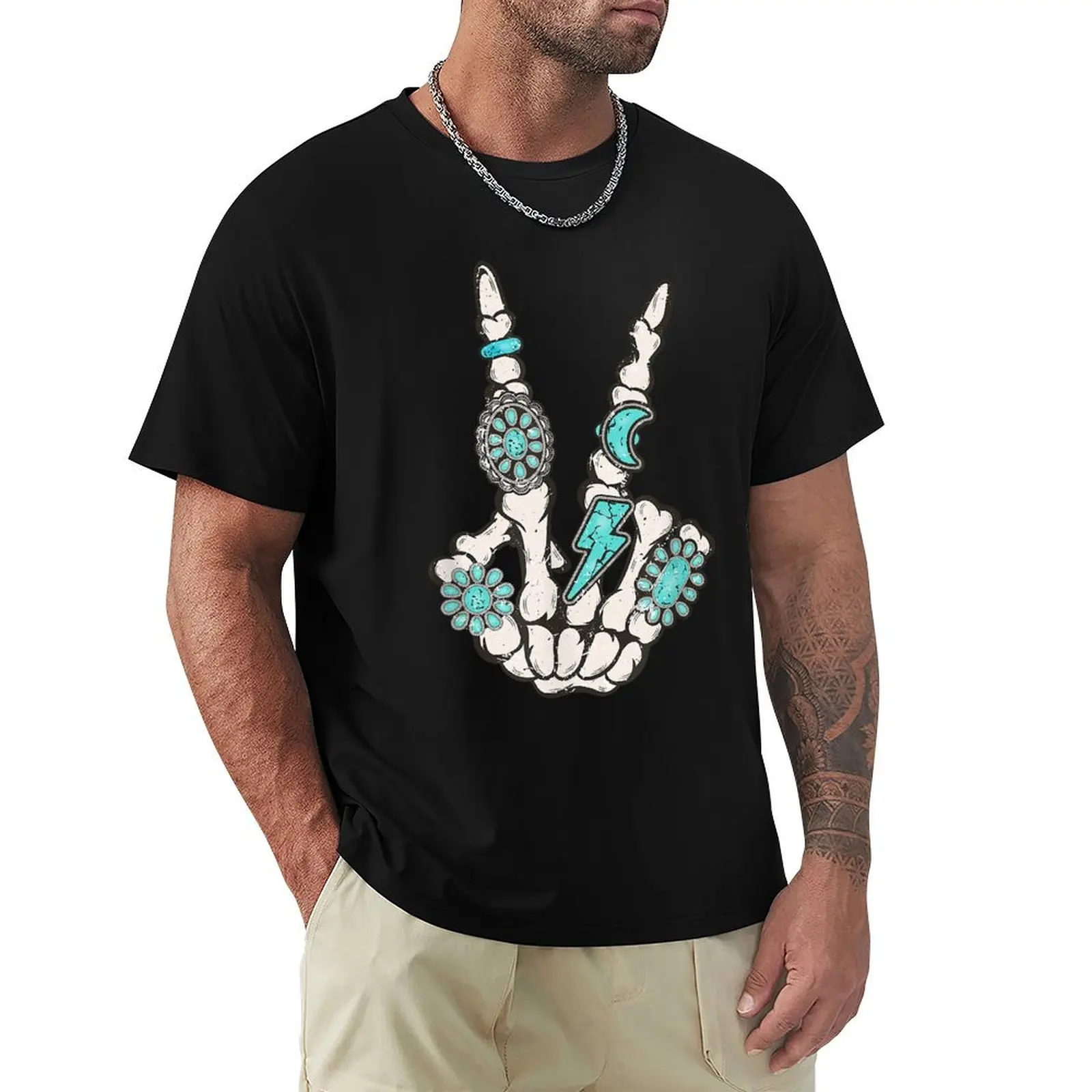 Skeleton Turquoise Art Western Rock On Skeleton American Rodeo Tee Goth Skeletons Grim Reaper Gift Halloween Cowboy T-Shirt