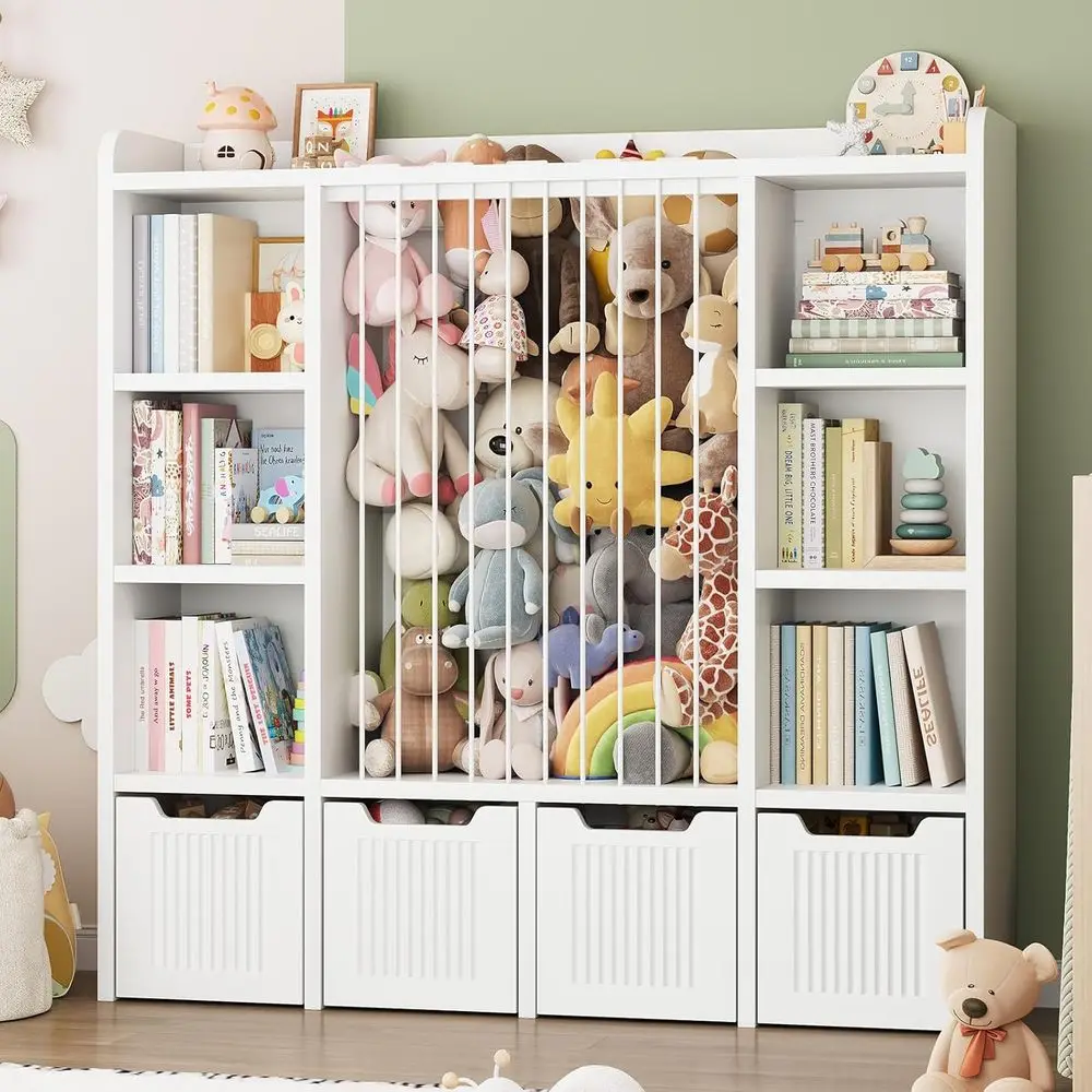 Toy Storage Organizer, Toddler Stued Animal Storage, Kids Toy Shel with 6 Open Cubbies & 4 Movable Toy Chest, Bookshel or Kids R