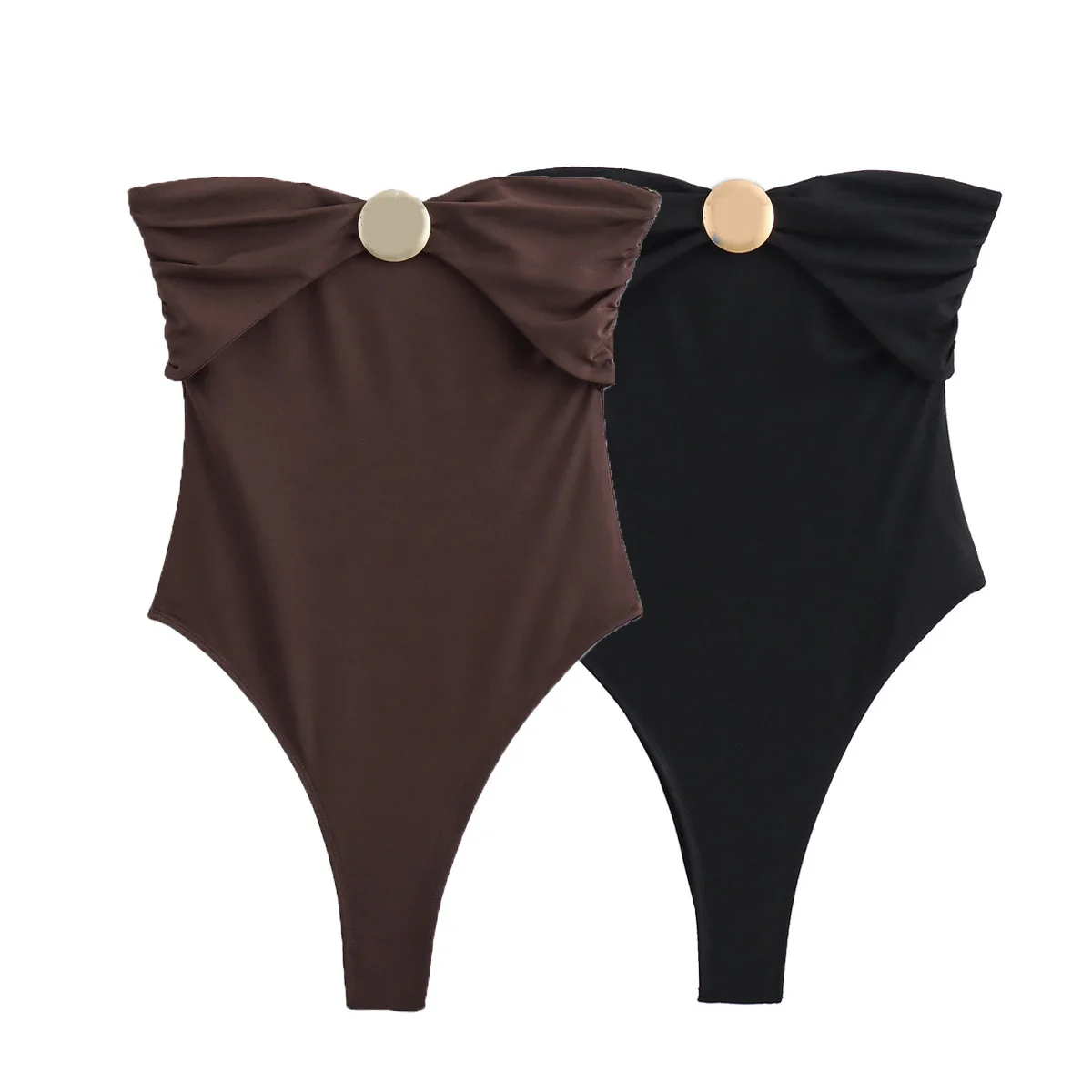 Zevity New Women Sexy Off Shoulder Metal Design Slim Bodysuits Ladies Strapless Summer Beach Wear Playsuits Mujer Rompers LS6237 — zdjęcie 2