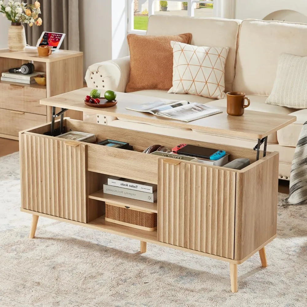 

48" Fluted Lift Top Coffee Table with Hidden Storage & Adjustable Shelves, Lifting Tabletop Large Rectangular Coffee Tables, Mi
