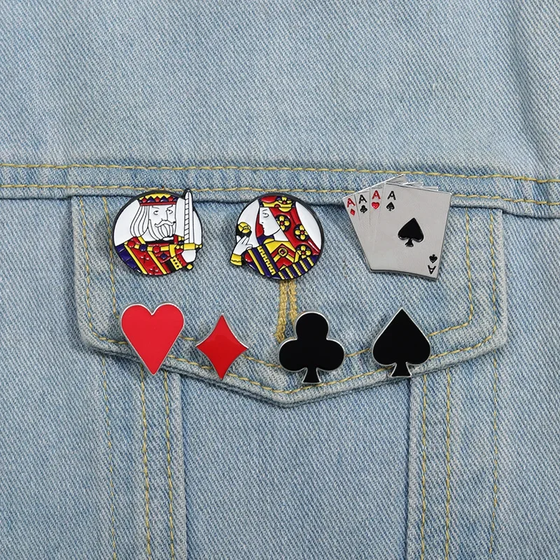 Creative Playing Cards Poker Brooch Enamel Pin Custom Red Heart Spades King Queen Brooches Lapel Badge Funny Jewelry Accessories