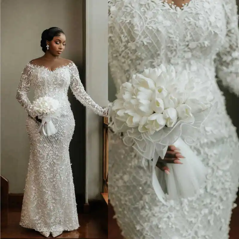 

Классическое платье русалки, свадебное платье с цветочной аппликацией и v-образным вырезом, кружевные свадебные платья, большой размер, с длинными рукавами, Vestidos De Novia, по индивидуальному заказу