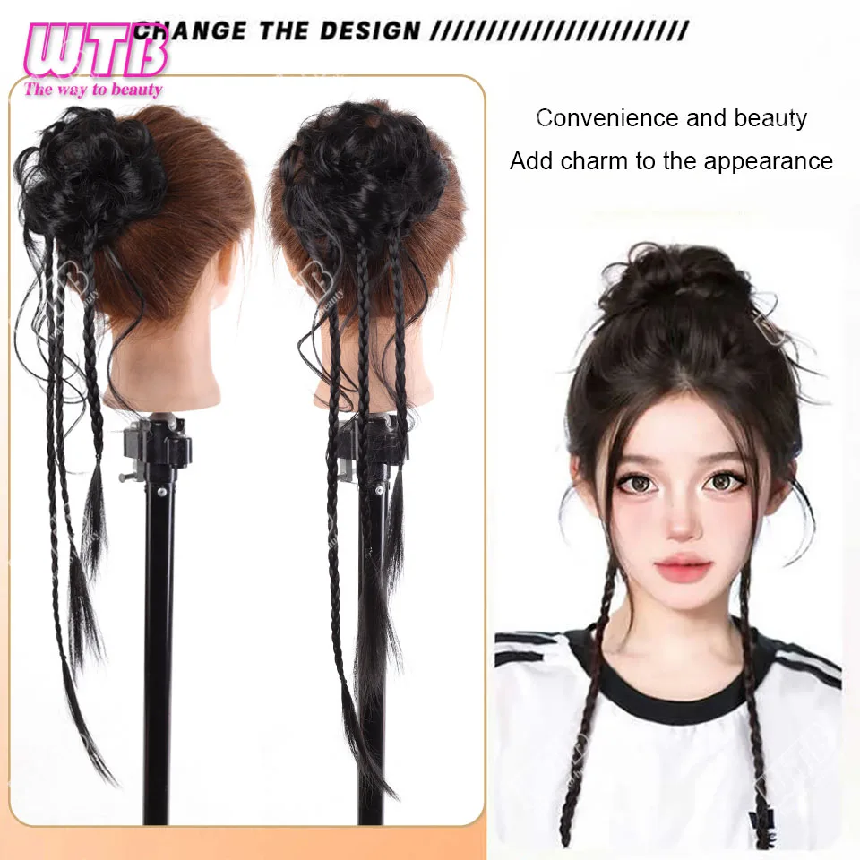 Synthetic 20Inch Long Braid Hair Bun Twisted Design Black Fluffy Elasticity Hair Bun Ponytail For Women
