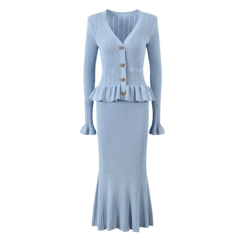 

Knitted ruffled splicing dress autumn new French socialite V-neck women's long fishtail dress