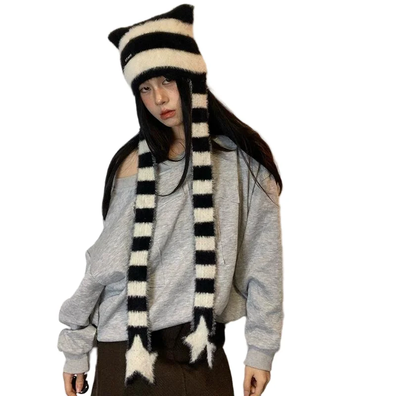 Hot Girl Sweet Cool Style Hut Stern gestreifte Plüsch-Strickmütze Vielseitig für Herbst und Winter – Detail 8