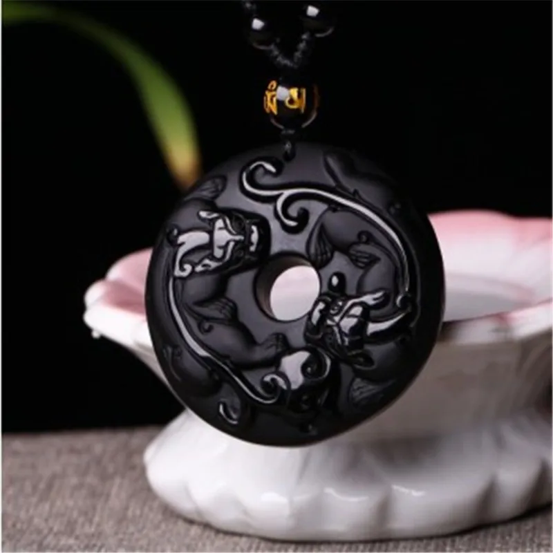 Obsidian Double Unicorn Pendant Men's and Women's Jade Necklace