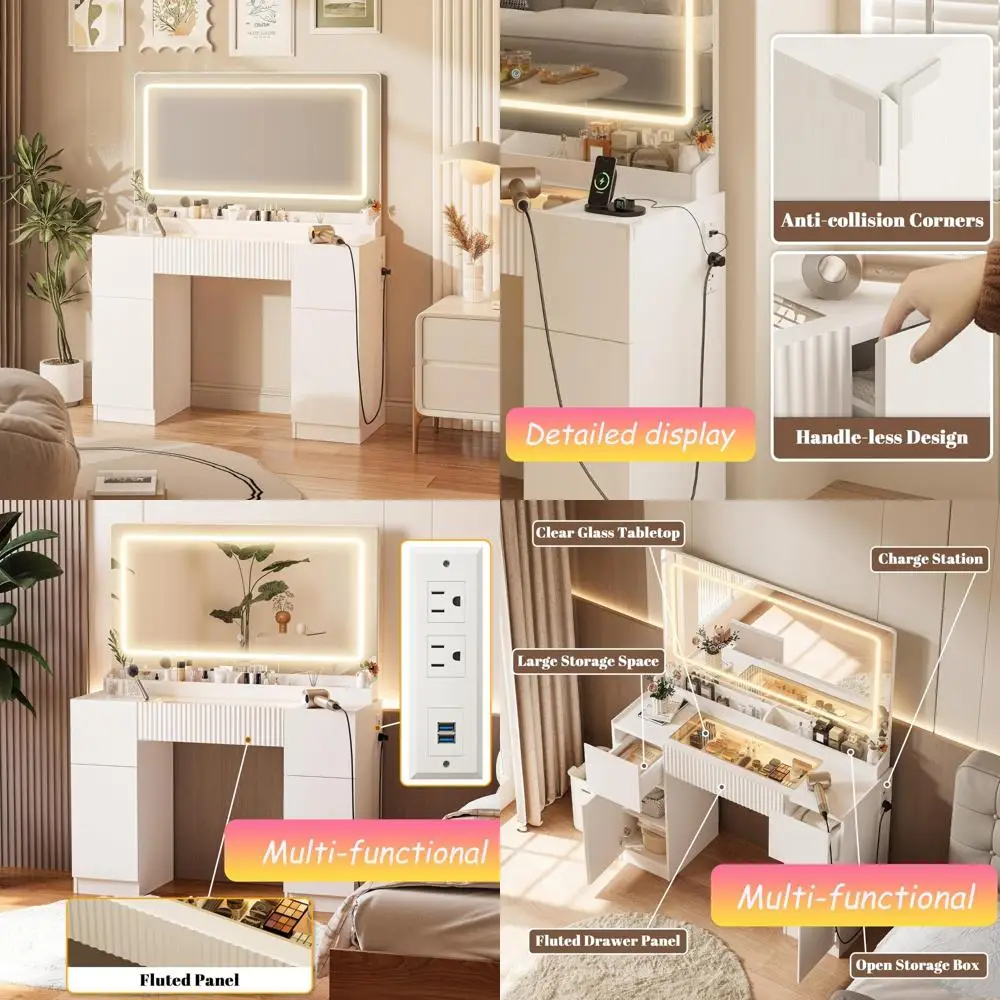 "Descilante de 44 polegadas com espelho, luzes e mesa de maquiagem com tampo de vidro com gavetas caneladas, armário e 3 modos de luz LED"