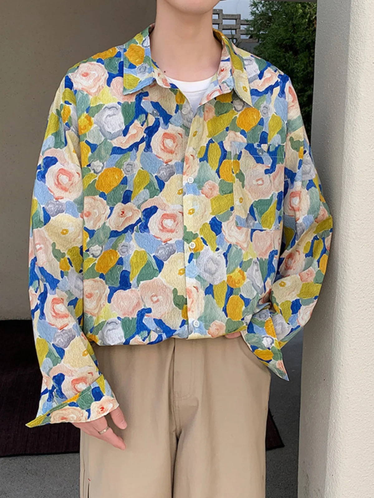 

Korean Sle Long Sve Casual Floral Print Men's irt Spring Beachwear Comfortable Loose Fit Youthful Trendy Faion