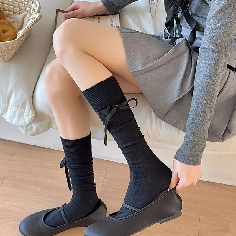 JK INS Girls Long Ribbons Bowknot Knee High Socks Japanese Sweet Casual Bows Socks Grey Black White Women Calf Socks Streetwear