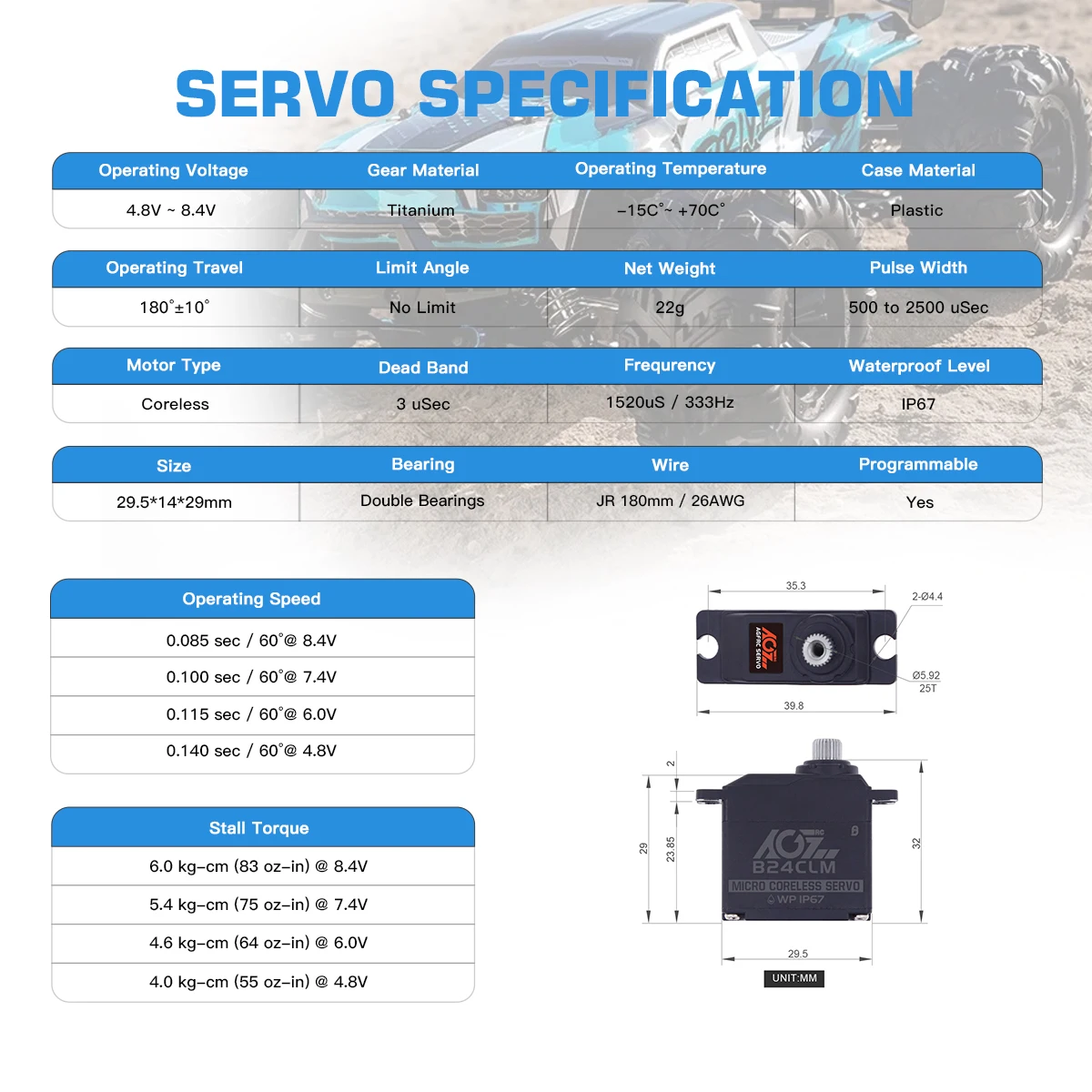 AGFRC-alta velocidade Coreless Micro Digital impermeável Servo, Mini asa, RC carro, caminhão, E-Revo Slash, 4WD, 6kg, 0.085Sec, 6kg, B24CLM