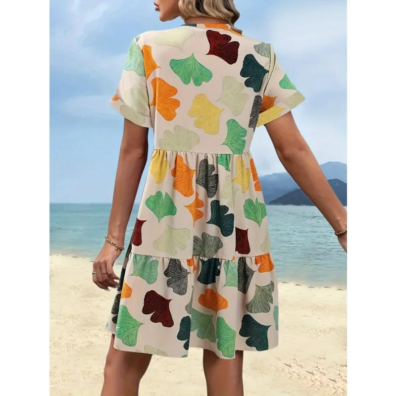 플러스 사이즈 여성의 새로운 유행 꽃 V 넥 캐주얼 편안한 다목적 반팔 드레스