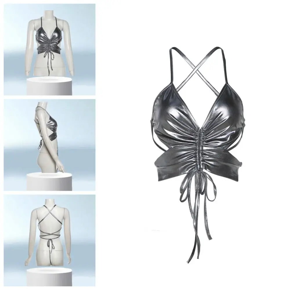 

Fashion Glossy Y2K Slim Crop Tops Slim fit Tanks Punk Butterfly Vest Spicy Girl Style Undershirts Neck Halter Top Streetwear