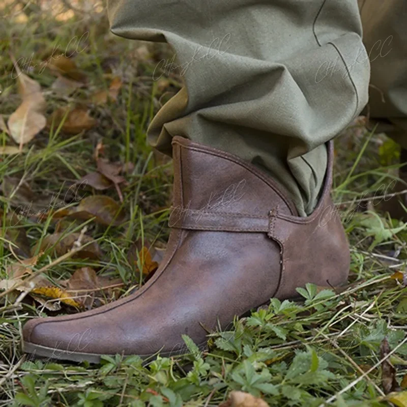 Botas de cuero con hebilla marrón Vintage Medieval renacentista para hombre, zapatos planos cortos, Caballero Vikingo, príncipe, disfraz de pirata de Cosplay