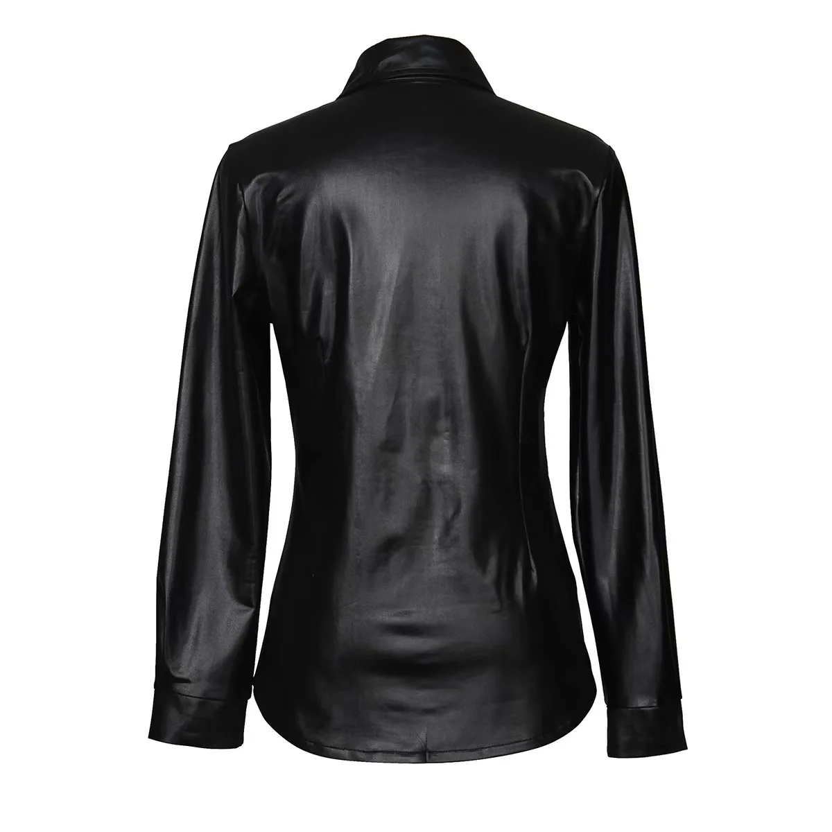 

Spring Autumn Women Fashion Faux Leather Black Red Tops PU Leather Shirt Long Sleeve Lapel Outerwear Casual Street Overshirts