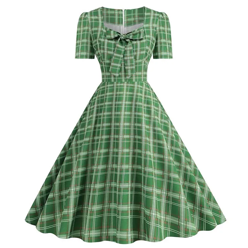 Pink Plaid Vintage Party Dress for Women Square Collar Short Sleeve Casual Summer Elegant Fashion