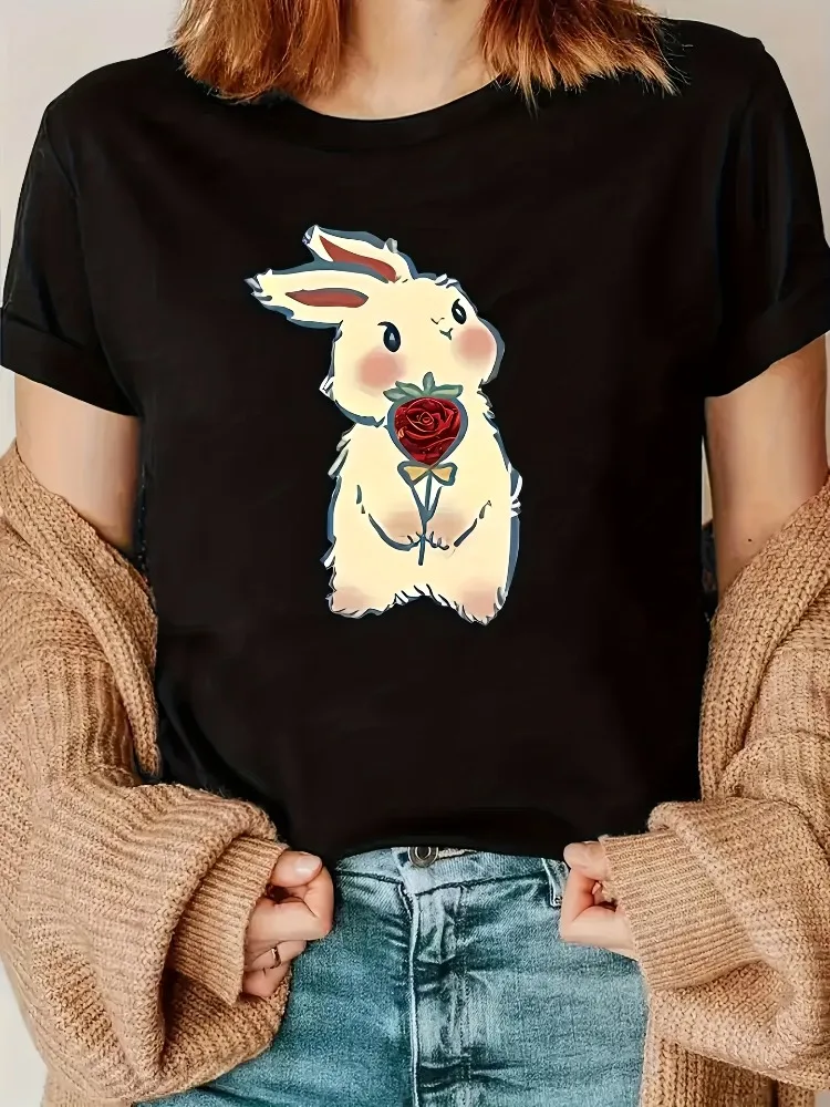 Maglietta da donna con stampa di coniglio carino girocollo manica corta top casual design floreale morbido per abbigliamento rilassato maglietta con coniglio modello rosa
