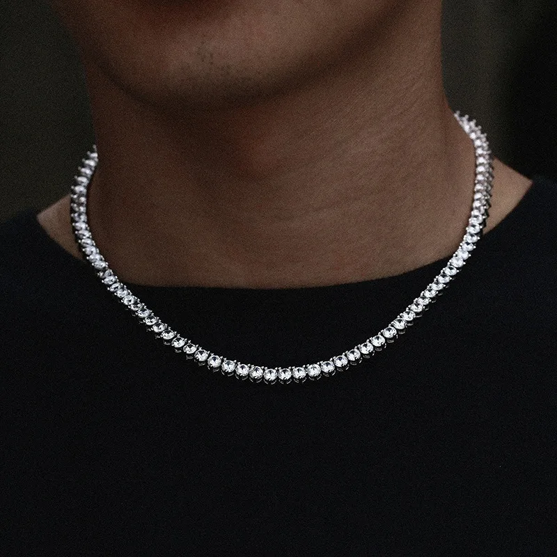 artificial diamonds create exquisite contrast against PT950 Platinum on this unisex Three-Prong Single Row Necklace