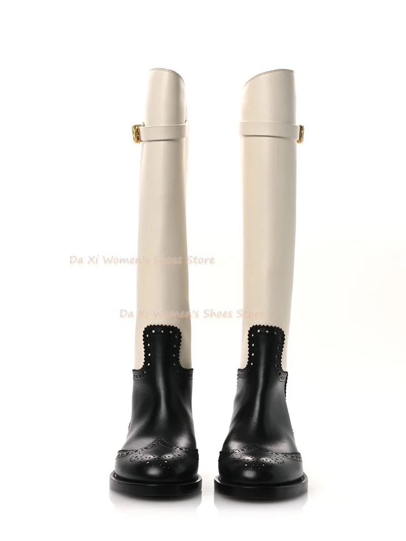 Black And White Color-Blocking Knee-High Boots Round Head Low Block Heel Use Brock Carved Patterns Craftsmanship Winter Boots