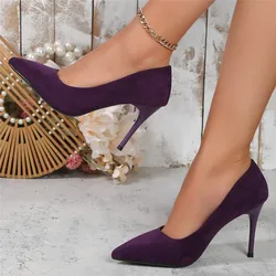 Concise Ladies Office Shoes Autumn Solid Flock Pointy Toe High Heels Shoes Shallow Wedding Female Pumps Sexy Size 35-43