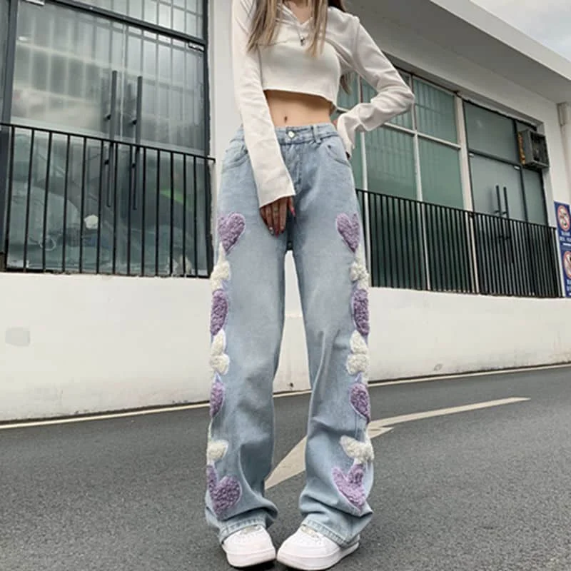 Oversized Jeans Streetwear Denim Trousers Women Jeans Loose Casual Love Embroidered Jeans Korean Fashion Loose Straight Pants