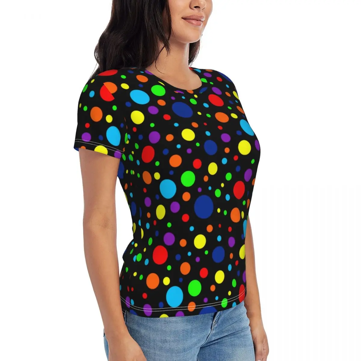 Vintage 80S Polka Dots T Shirt Womens Dark Rainbow Spots Y2K Funny O Neck T Shirts Short-Sleeve Casual Tshirt Summer Design Tees